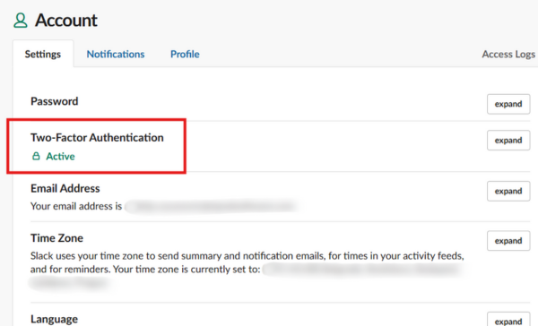 Slack two-factor authentication.